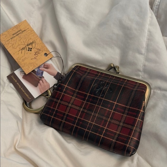 Patricia Nash Kiss Lock Borse Leather Coin Purse Red Tartan Plaid New!